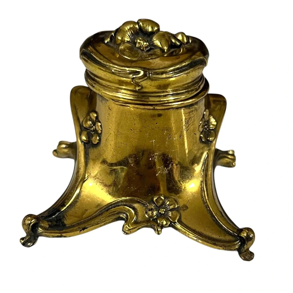 Vintage Brass Art Nouveau Floral Desk‎ Accessory Inkwell or Trinket Box
